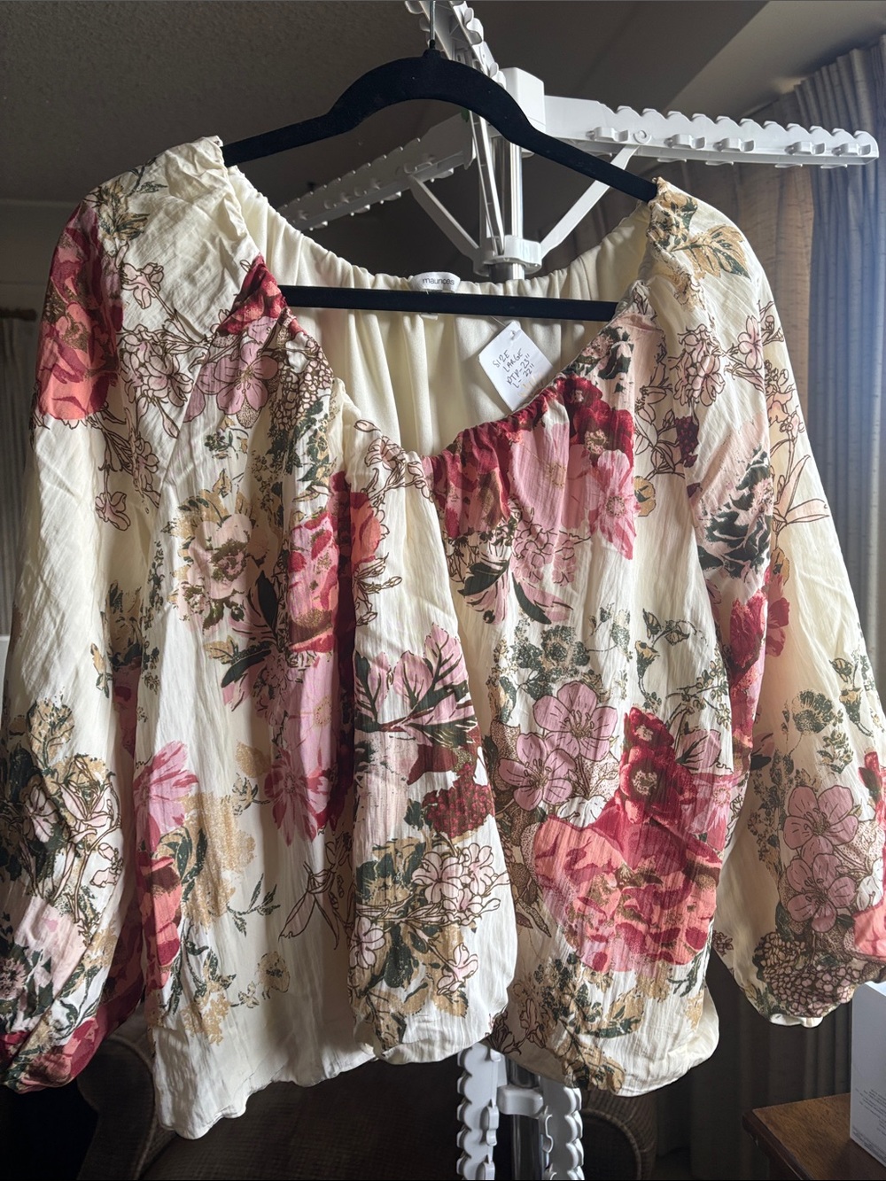 Maurices Cream Peasant Blouse with Pink Rose Print